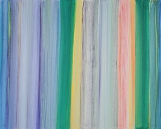        238	Stanley Lindwasser Acrylic on Canvas Stripes	Stanley Lindwasser (American, Beacon, New York, 1947-2020). Acrylic on canvas abstract with stripes. Signed and dated 2018 on verso. 36" x 48" (with frame 37 1/2" x 49 1/2"). Minor paint loss along edges.
