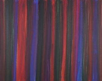        240	Stanley Lindwasser Acrylic on Canvas Stripes	Stanley Lindwasser (American, Beacon, New York, 1947-2020). Acrylic on canvas abstract with stripes. Signed and dated 2018 on verso. 36" x 48" (with frame 37 1/2" x 49 1/2"). Minor paint loss along edges.
