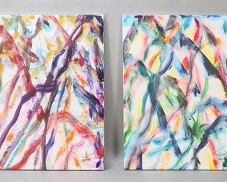        248	2 Stanley Lindwasser Acrylic on Canvas Abstracts	Stanley Lindwasser (American, Beacon, New York, 1947-2020). 2 acrylic on canvas abstracts. Each signed lower right and dated 2014 and titled on verso 173 and 174. Each 24" x 18". Minor paint loss along edges.
