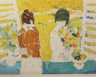        250	Willering Epko Lithograph Children With Flowers	Willering Epko (Netherlands / France, 1928). Artist's proof lithograph, two children with flowers. Pencil signed lower right and numbered epreuve d'artiste in pencil lower left. 18" x 24" (with frame 24 3/4" x 30 5/8"). Toning and mat burn to sheet, scratches to frame and frame separating at corners.

