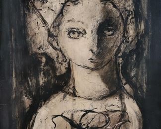        251	Pepe Ramirez Ink on Paper Girl and Pigeon	Jose "Pepe" Erasto Ramirez (20th century). Ink on paper, Girl and Pigeon. Signed Jose Erasto and dated 1969 lower center, and signed, titled and dated on verso. 17 1/4" x 13 1/2" (with frame 25 3/4" x 21 7/8"). Creasing along left and right sides.
