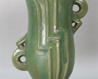        252	Fulper Art Pottery Art Deco Vase 851	Fulper art pottery vase with green glaze and art deco motif. Signed with incised Fulper and 851. 9 1/4"H. Chip to glaze on rim of base.
