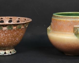        256	Roseville Ferella Bowl & Artcraft Jardiniere	2 pieces Roseville pottery. Ferella pattern bowl, unsigned, 5 1/8"H x 8 5/8"-diameter; Artcraft pattern planter, unsigned, 6 1/8"H x 7"-diameter at top.
