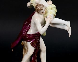        277	Meissen Porcelain Figurine Rape of Sabine	Meissen porcelain figurine, Rape of Sabine. Blue crossed swords mark and incised 1919 to the underside. 7 1/4"H. Minor chips to flowers on base.
