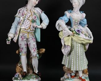        281	Pair of Meissen Porcelain Figures	Pair of Meissen porcelain figures, man and woman with flowers. Each signed on the underside with blue crossed swords mark, man with impressed 1451. Man 20 3/4"H. Some chips and losses to flowers and leaves on both, roughness to bow on woman's hat, minor repairs and restorations to both including bow on shoe and flower on base of woman figure, leaves on man figure.

