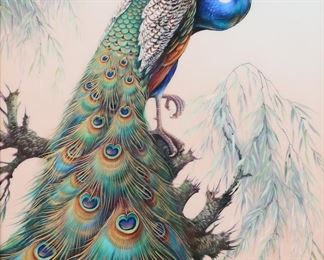        283	Hand Painted German Porcelain Peacock Plaque	Hand painted German porcelain plaque, Peacock. FH Porcelain mark on verso and signed K. Motsch. 11 1/2" x 9 1/8" (with frame 17 1/2" x 15").
