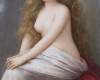        284	After Angelo Asti KPM Porcelain Plaque Solitude	After Angelo Asti (Italy, 1847-1903). Hand painted porcelain plaque, seated semi-nude woman, after Asti's Solitude. Signed illegibly lower right, KPM scepter mark to the reverse. 5 5/8" x 3 3/4" (with frame 12 3/8" x 10 1/2"). Crazing and cracks to gilt frame.
