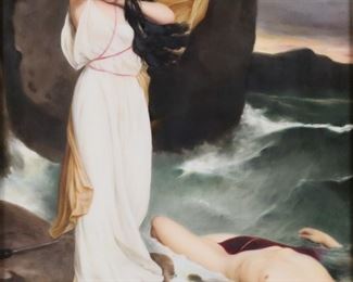        285	KPM Porcelain Plaque Signed Wagner	Hand painted KPM porcelain plaque. 2 figures, maiden and nude in the sea. Signed lower right Wagner. Incised KPM with scepter and 237 158 on verso. 9" x 6" (with frame 17 7/8" x 14 3/4"). Minor chips, losses and repairs to frame.
