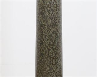        297	Green Marble Columnar Form  Pedestal	"Green marble columnar form pedestal. 20th century. Speckled black and green marble pedestal or plinth, assembled in three pieces. Christie's auction labels to top and pedestal sections. Scuffs, scratches and repair to top of pedestal. Scratches, white stains, and scuffs throughout surface of marble. Chips and losses to marble around bottom of post and edges of base. 

12 1/2"" W x 12 1/2"" D x 41 1/2"" H.

Provenance: Christie's Interiors, July 17th, 2012, Lot 788. From the collection of a prominent Connecticut family."
