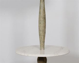        314	Victorian Marble Tier Floor Lamp	"Victorian marble tier floor lamp. White linen and milk glass shades, white marble tier, heavily carved tripod-form base with paw feet. Losses to paint and veneer on post above and below marble top. Tear to inside of linen shade. Lighting has been tested and is in working order. 

59"" H x 21 1/8"" diameter of marble. 43 lbs.

"
