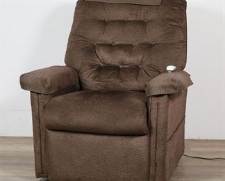        318	Pride Brown Lift Chair	"Brown colored lift recliner chair by Pride. Mississippi, 21st century. With fully working remote control lift mechanism. With battery backup. Like new condition. Small stain to one arm cover. Light pilling to seat of chair. 

35 1/2"" W x 39 1/4"" D x 40"" H. 115 lbs."
