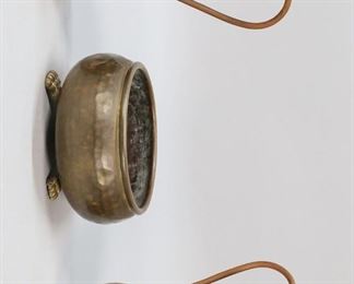        340	Pair of Copper Vases & Russian Brass Bowl	Pair of arts & crafts style copper two handled vases, hand hammered Russian brass bowl. Vases each 8 1/2"H. Dents to bowl.
