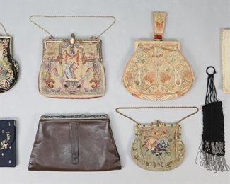        352	Lot of Evening Bags & Miser's Purses	Lot of 6 evening bags and 2 miser's purses. 4 needlepoint bags: French with floral motif and Bakelite clasp; scenic bag with maidens dancing, enameled and jeweled frame and cameo clasp; Wiener Wertarbeit bag with park scene; bag with floral motif and jeweled and enameled frame. With a French embroidered bag with floral decoration and a leather bag with silver tone frame, a beaded miser's purse and a knit miser's purse. Park scene bag 6 3/4"L x 7"W. Wear and staining to linings on all, floral needlepoint bag tears and losses to stitching, leather bag some wear and losses to leather on corners and edges of bag, knit miser's purse missing beads and beads loose.
