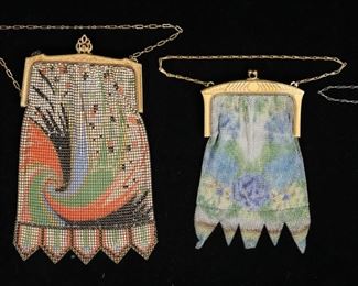        354	4 Whiting & Davis Mesh Bags	4 vintage Whiting & Davis mesh purses. Art deco frames, chain handles. Geometric, bow, 2 floral. 3 marked Whiting & Davis Mesh Bags on the frame, 1 with metal label. Largest 8 1/4"H x 5 1/4"W. Hole in lining of one floral bag, tears and fraying to lining of one floral bag.
