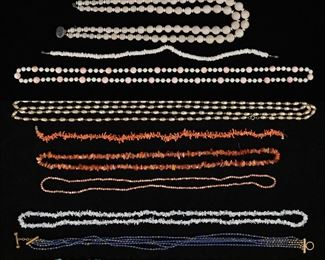        357	Grouping of Costume Jewelry Necklaces	Collection includes glass, hardstone, puka shells, coral, faux pearls, plastic, multi lengths, longest is 88"L.
