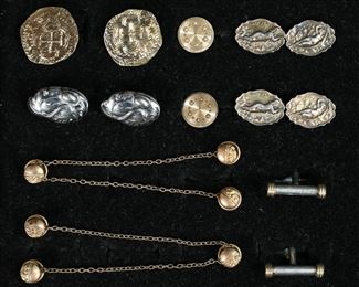        360	6 Pairs Cufflinks 14k, Sterling, Gorham, Jensen	6 pairs of cufflinks including 12k gold filled, 2 pairs gold tone, Tiffany style sterling and 14k gold barbells, pair of Gorham sterling silver with art nouveau reclining nudes, pair of Georg Jensen sterling. Sterling and 14k pair 13.53 grams total; Gorham and Jensen 30.74 grams total.
