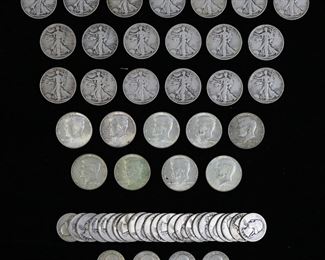        361	United States Silver Coins	19 Walking Liberty Half Dollars with miscellaneous dates. 2- 1964 Kennedy Half Dollars. 7- Kennedy Half Dollars 1967-1968, 27- Washington Quarters 1934-1959.
