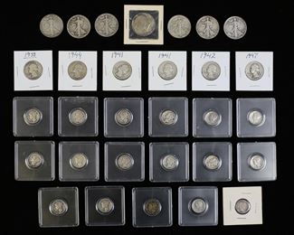        365	US Silver Coins Mercury Dimes Washington Quarters	16 Mercury Dimes: 1928, 1936, 2-1937, 2-1940, 1941, 4-1942, 3-1943, 1944 and 1945. 1912 Barber Dime. Washington Quarters: 1933, 2-1941, 1942, 1944 and 1947. Walking Liberty Half Dollars: 1918, 1940, 1941, 1942,1943 and 1944. 1967 Kennedy Half Dollar.
