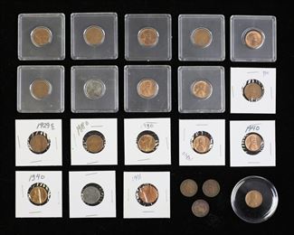        366	Lincoln Pennies And Indian Head Pennies	Lincoln Pennies: 1909, 1912, 1916, 1918 D, 1929 S, 1935, 1936, 7-1940, 2-1943, 1956 D, 1998 Mis-struck. Indian Penny: 1901, 1904 and 1907.
