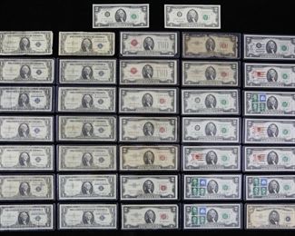        369	Silver Certificates Two Dollar Bills	One Dollar Bills: 1935 C, 2- 1935 D, 4- 1935 E, 2- 1935 F, 1935 G,  1935 H, 3- 1957. Two Dollar Bills: 2-1928 G, 3- 1953,  2- 1953 A, 2- 1953 B, 12- 1976 (Some with stamps), 1995. Five Dollar Silver Certificate 1953 A.
