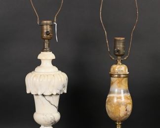        376	2 Lamps Marble & Alabaster	2 table lamps. Alabaster lamp, 26 1/2"H including harp and finial; Mutual Sunset Lamp Co. marble lamp on gilt bronze base, base signed MSLC 3480, 23 1/2"H to top of harp. Marble lamp missing finial, roughness to sides of marble base, alabaster lamp with chips to edges and corners of base, chips to top of pedestal and chips and roughness to urn, hardware and alabaster loose.
