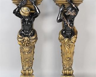        389	Pair of Composition Figural Corbels	Pair of figural composition corbels / brackets. Gilt decorated, each with a female figure. Each 23 3/4"L x 8 1/4"L x 7 3/4"D at top. Minor losses to gilt decoration along top edge.
