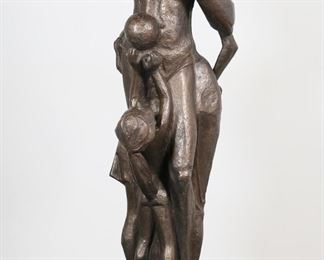        396	Klara Sever for Austin Productions Sculpture	"Klara Sever. (American-Czech, born 1935). Large figural bronze-clad plaster sculpture of a family. 1969. Signed ""K.S.V."" on base of woman's left foot. ""AUSTIN PROD. INC. 1969"" impressed into on left leg of girl with ball. Long crack to metal on center of sculpture starting on torso of woman and ending near ball that girl holds. 

Sculpture: 18"" W x 16 1/2"" D 55"" H. Overall: 14 1/8"" W x 14"" D (of base) 64"" H. 87 lbs."
