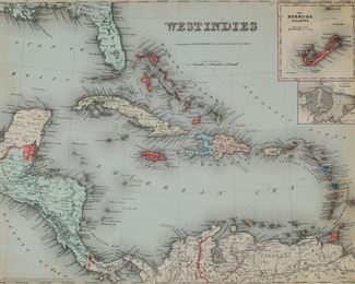        397	J.H. Colton Map of the West Indies 1855	Map of the West Indies, published by J.H. Colton & Co., New York, circa 1855. 21 1/2" x 27 1/2" (with frame 30" x 36"). Foxing and discoloration
