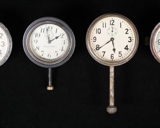        405	4 Automobile Clocks Including Waltham	4 car clocks. 2 Waltham 8 days, each 3 1/4"-diameter; Waltham and 1 unmarked. All untested. Waltham second hand loose in case, losses and scratches to paint and patina on cases of all, rear of case of Waltham chipped, discoloration to dials on all, flea bites to beveled edge of glass on one 8 day.
