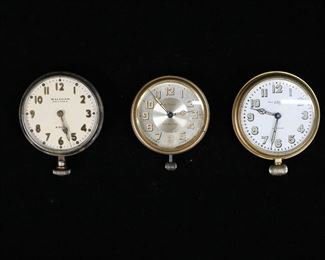        407	Lot of Three Waltham and Majestic Car Clocks	Grouping of three automobile clocks including an 8 Days Waltham Premier, 8 Days Majestic, and a Waltham clock made for Paul A. Meyrowitz. 8 Days Premier clock measures 2 3/4" W x 3/4" D x 3 3/8" H. Clocks are subject to corrosion, wear on faces, and scratching. The working condition of clocks is unknown.
