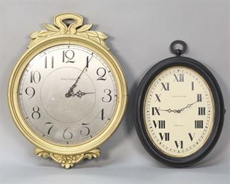        414	2 Waltham Picture Frame Clocks	2 Waltham picture frame clocks, 15 1/2"L and 11"L. Gilt painted clock with splits and repairs to frame, scratches and losses to face; black painted clock with paint loss on one side and to back, losses to gilt decoration around face. Both untested.
