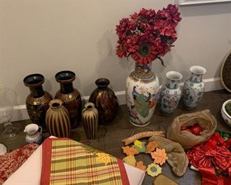 Multiple vases, 1 vase with floral. decorative hanging , rugs, runner. Faux apples, small bench