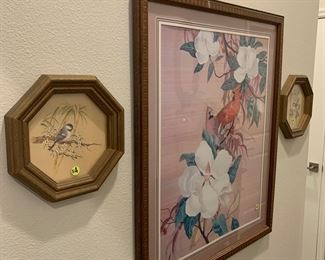 2 octagon bird frames and large magnolia and bird pictures.