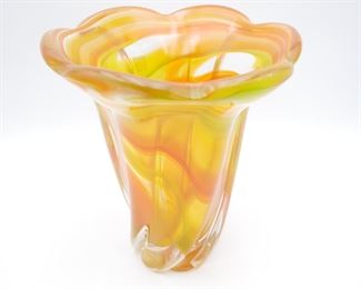 Thick Glass Vase w/Orange & Yellow Swirls 