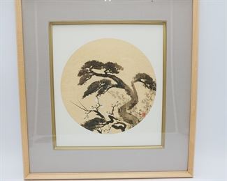 Framed Tree on Gold Tone Circle Painting 