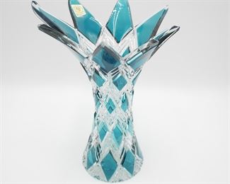 Caesar Crystal Bohemiae Azure Blue Harlequin Leaded Cut Crystal Vase 
