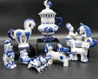 Gzhel Blue & White Ceramic Figurines (Total of 7) 