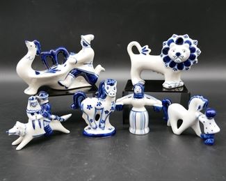 Small Blue & White Ceramic Figurines (Set of 6) 