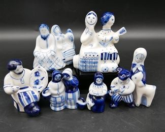 Gzhel Blue & White Handmade Ceramic Figurines (Total of 7) 
