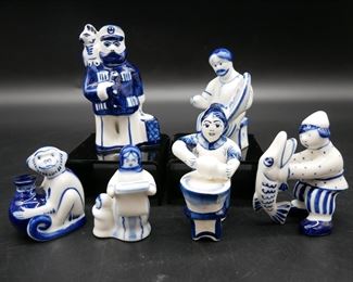 Gzhel Blue & White Ceramic Figurines (Total of 6) 