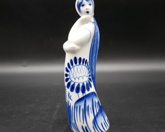 Gzhel Blue & White Ceramic Woman Figurine 