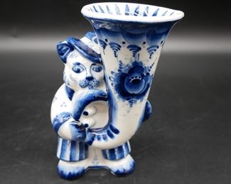 Gzhel Blue & White Ceramic Cat Musician Figurine 
