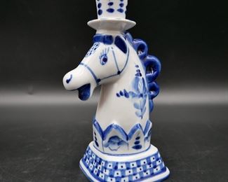 Blue & White Ceramic Horse Candleholder 