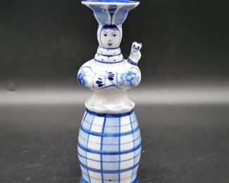 Blue & White Ceramic Woman w/Cat Figurine 