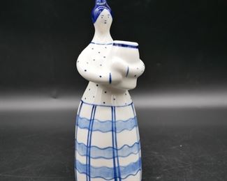 Blue & White Handpainted Ceramic Woman Container 