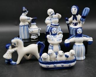 Small Blue & White Hand Painted Ceramic Figurines (Set of 7) 