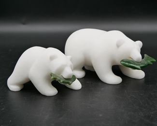 Sparkley White Marble Bear w/Jade Fish Sculptures (Set of 2) 