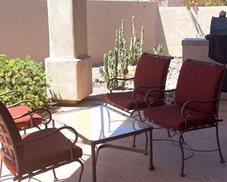 Iron Patio Table Four Chairs With RedMaroon Cushions