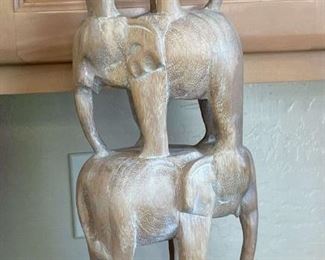 Wooden Carved Elephant on Elephant Statue