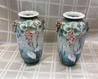 LOT 003- Pair of decorative Asian style Nippon Matte Finish Vases circa 1920 with Komainu / Shishi / Foo Dog Handles 12in tall was $125 ***SALE $75